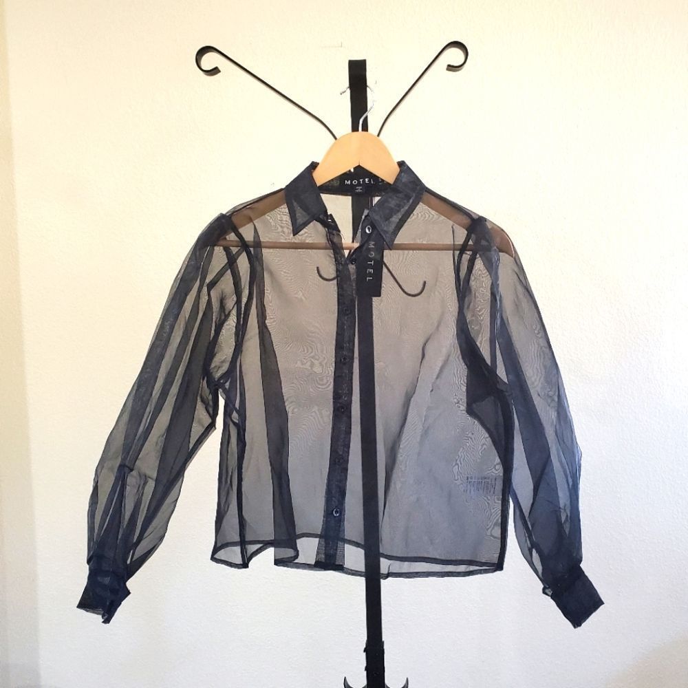 NWT Black Long Sleeve Collared Sheer Black Top, Size Small